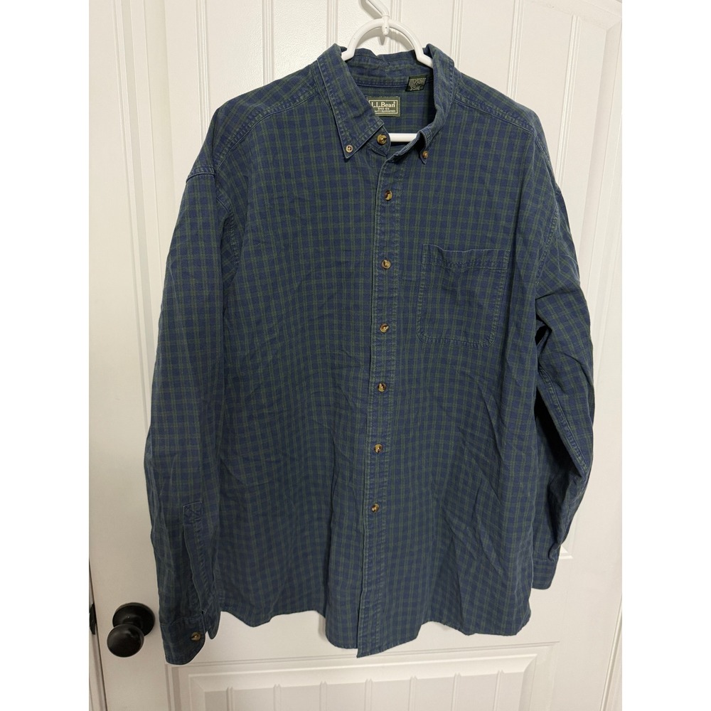 L.L. Bean Shirt Mens XL Blue Green Plaid Cotton Button Down Long Sleeve EUC